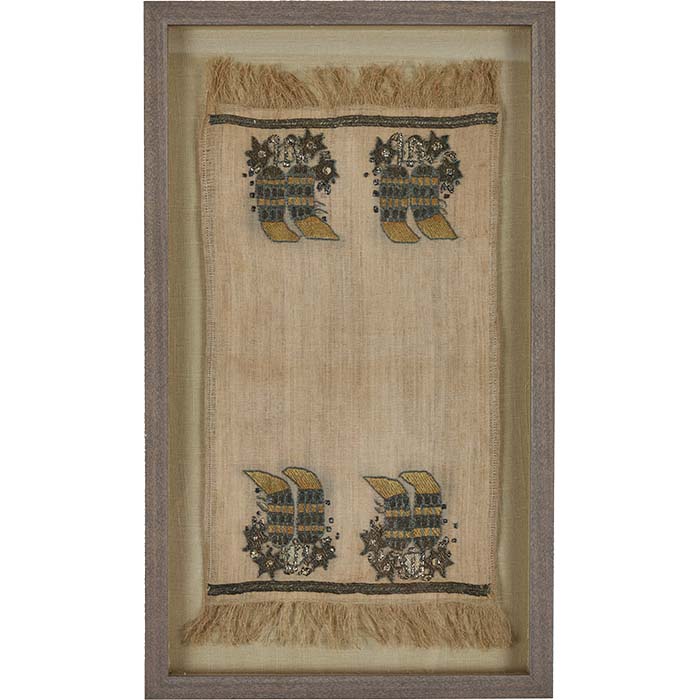 19th C. Ottoman Embroidered Textile. Handwoven linen towel with silk and metallic thread embroidery. Floating in a contemporary frame with fabric mat. Hooks and hangers on back to facilitate vertical or horizontal wall placement. 13" x 22"