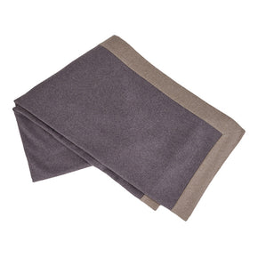 (DETAIL) Cashmere Throw Aubergine. Mongolian Cashmere.  Charcoal with taupe edging.  68" x 78"