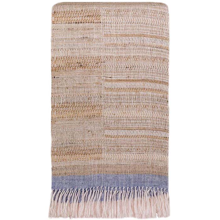Throw, Natural Blue Fringe, Linen & Raw Silk Tussar, Handwoven Designer Textiles from India. 70 in x 50 in. 178 cm x 127 cm.