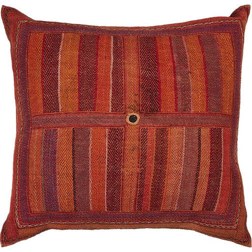 Banjara Quilted Storage Bag Throw Pillow III - All over hand quilting stitches over block print. Vintage storage bag reconfigured into a pillow. Handmade in Gujarat State in India. Natural linen back. Zipper closure, feather and down fill. 22" x 23"
