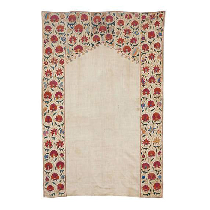 Early 20th Century. Uzbekistan suzani.  Hand embroidered silk floss on hand woven linen.  Backed with linen including a sleeve for hanging.   Good condition with some age appropriate wear.  85" x 56"