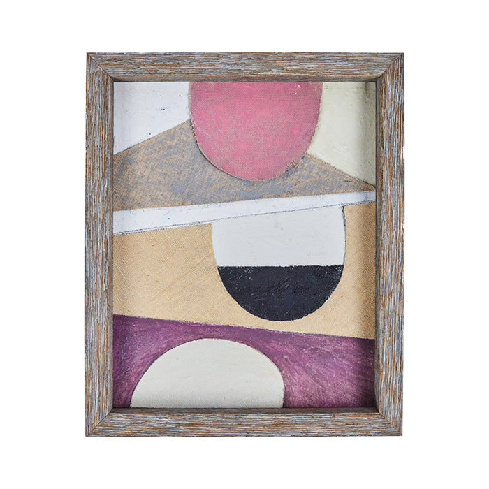 "Circles" Mixed Media Collage. Vintage paint and fabric on canvas. British. Contemporary frame. 9" x 11".