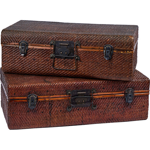 (TWO) Rattan Suitcase II. Vintage Chinese suitcase. Wood with rattan on the outside so sturdy enough to use as a table. 24" x 14" x 8".