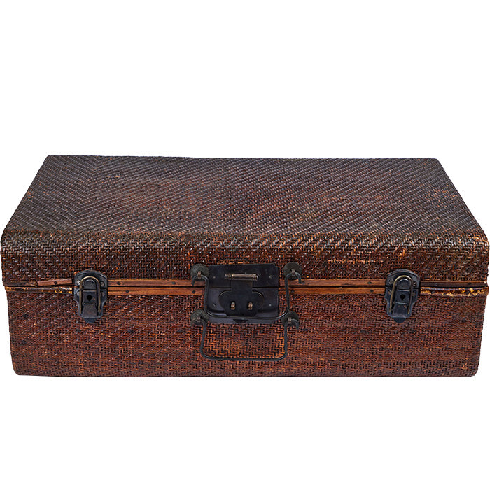 Rattan Suitcase II. Vintage Chinese suitcase. Wood with rattan on the outside so sturdy enough to use as a table. 24" x 14" x 8".