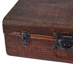 (LATCH DETAIL) Rattan Suitcase II. Vintage Chinese suitcase. Wood with rattan on the outside so sturdy enough to use as a table. 24" x 14" x 8".