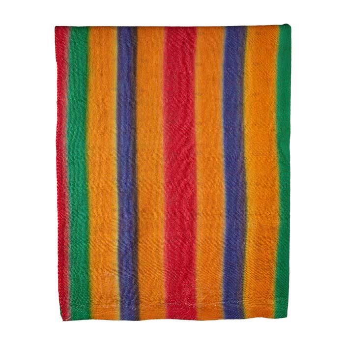(DETAIL) Rainbow Stripe Kantha Quilt. Vintage Indian fabric textile finely stitched kantha quilt with vibrant rainbow stripes on one side and solid green on the opposite. Kantha made from recycled saris. 60" x 86"