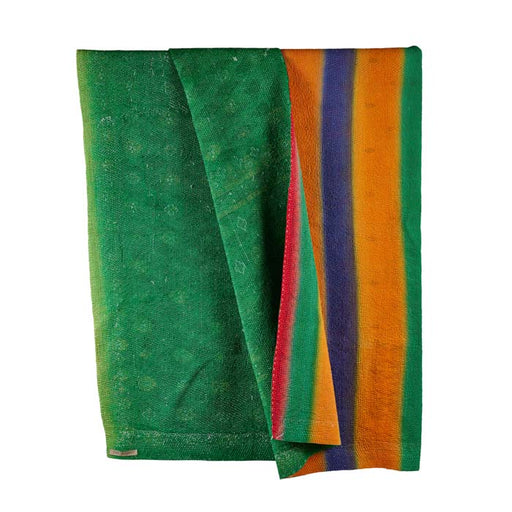 Rainbow Stripe Kantha Quilt. Vintage Indian fabric textile finely stitched kantha quilt with vibrant rainbow stripes on one side and solid green on the opposite. Kantha made from recycled saris. 60" x 86"